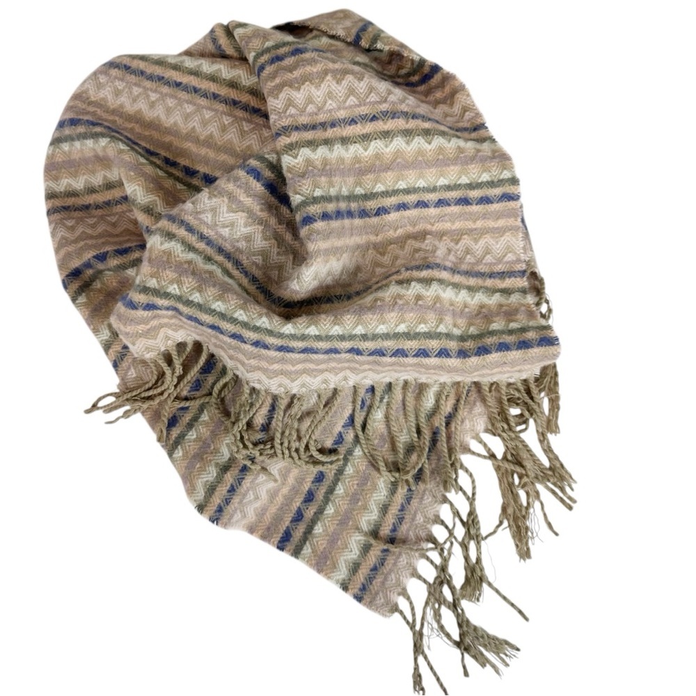 Scotland 100% Cashmere Women's Scarf Chevron Print Tan/Blue/Pink